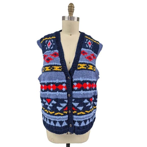 80s 90s VTG Ugly Hand Knit Wool Sweater Vest Blue/Red/Yellow Unisex Size L OOAK - Picture 2 of 5